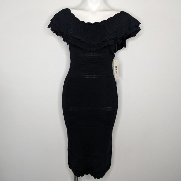 NWT Eliza J black off the shoulder layered ruffle neckline body con dress S - Picture 2 of 10